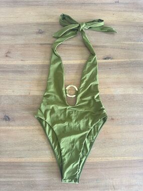 Monday Swimwear - Olive Halter One-Piece with Gold Accent Ring